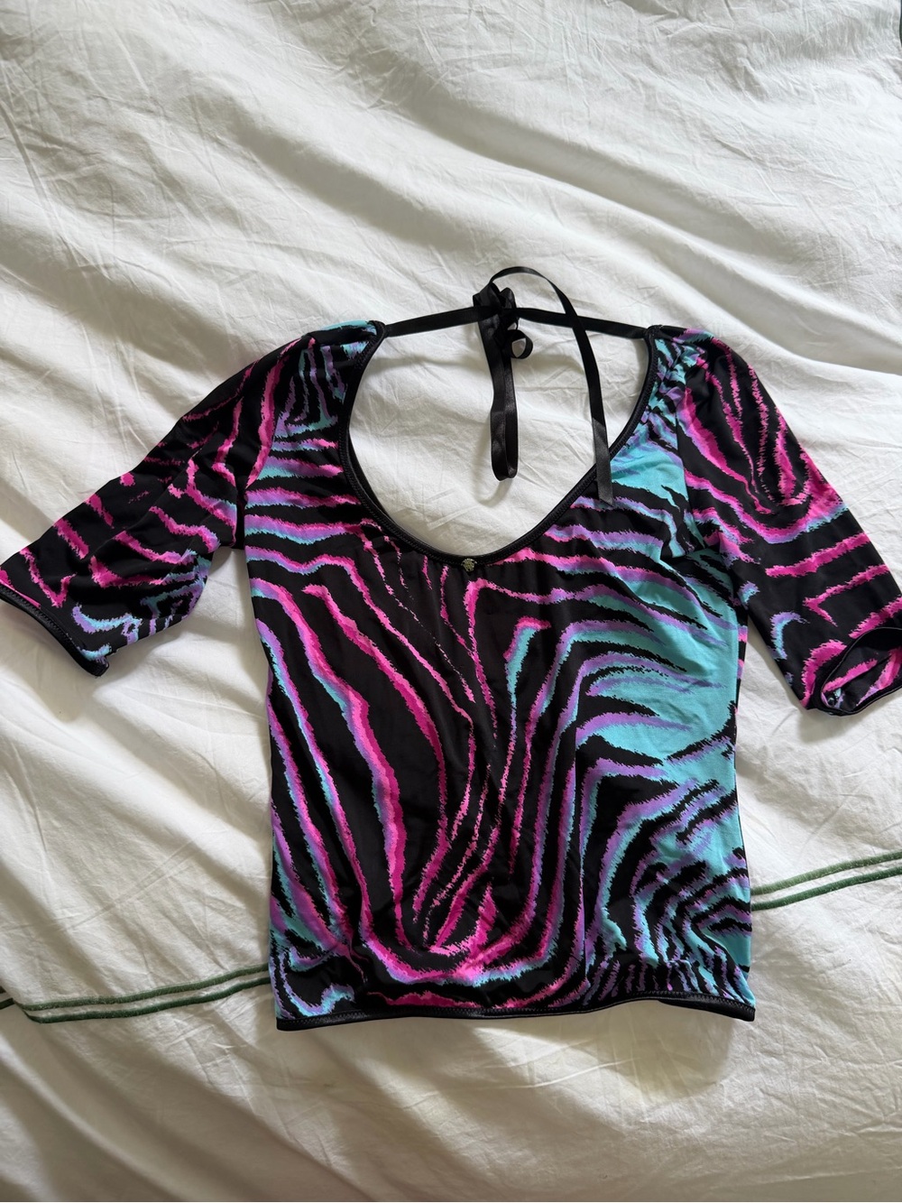 VERSACE ANIMAL PRINT ZEBRA Y2K PINK BLUE TOP WITH OPEN BACK AND BOW size 42